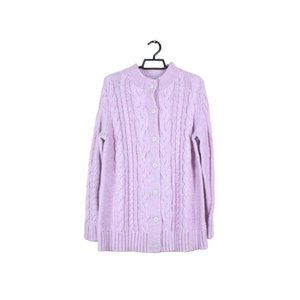 LL Bean Purple Cotton Double L Cable Button-Front Cardigan Sweater L